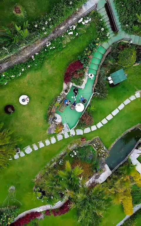 Vista aérea del jardín con sus caminos verdes